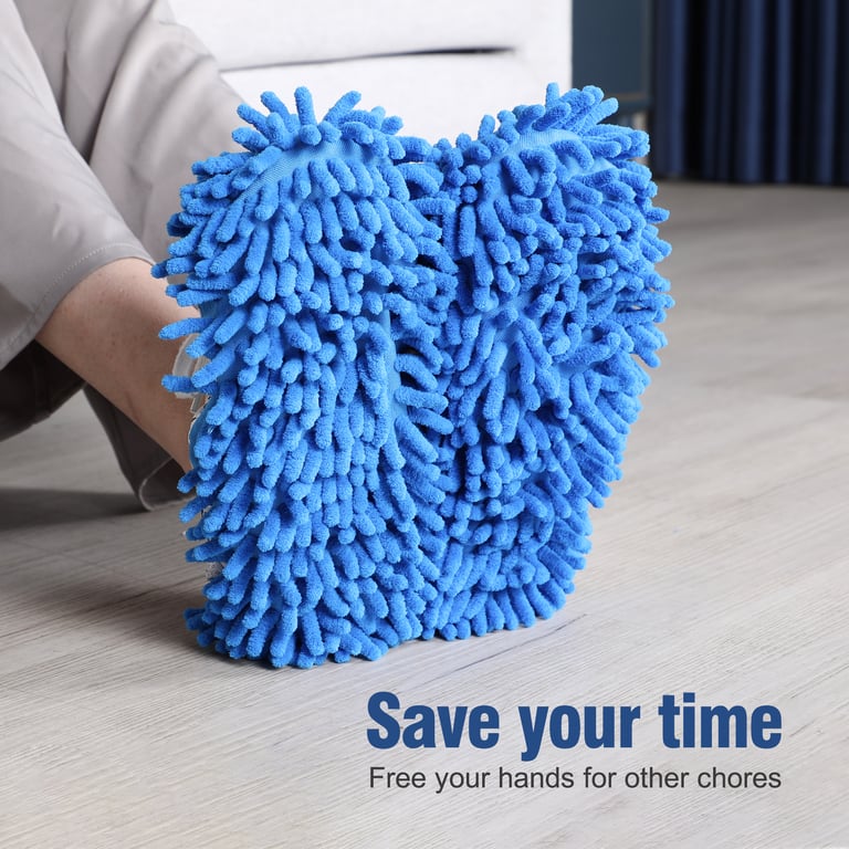 Blue microfiber mop slipper with elastic band secured on shoe sole