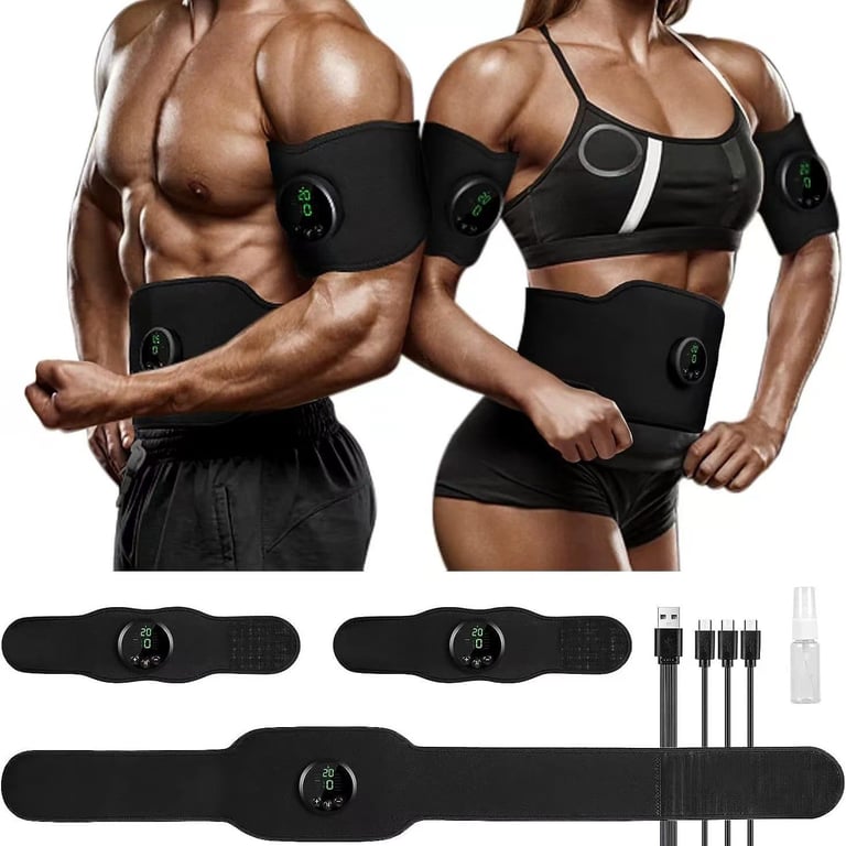 Woman using EMS arm belt after gym workout session