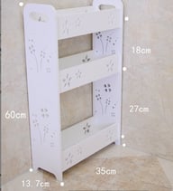 White three-tier kitchen shelf organizer with dimensions labeled in centimeters