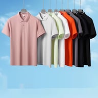 Assorted colors of men's quick-dry polo shirts hanging on hangers