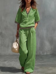 Cotton-Linen V-Neck Shirt & Pants Set | Casual Comfort — view 12