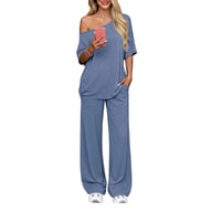 Woman in blue off-shoulder top and wide-leg pants casual two-piece set