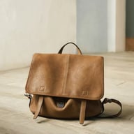 Tan vegetable-tanned leather messenger backpack with metal clasp on floor