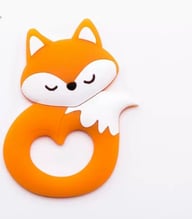 Five colorful silicone fox teethers in yellow, blue, orange, brown, and pink