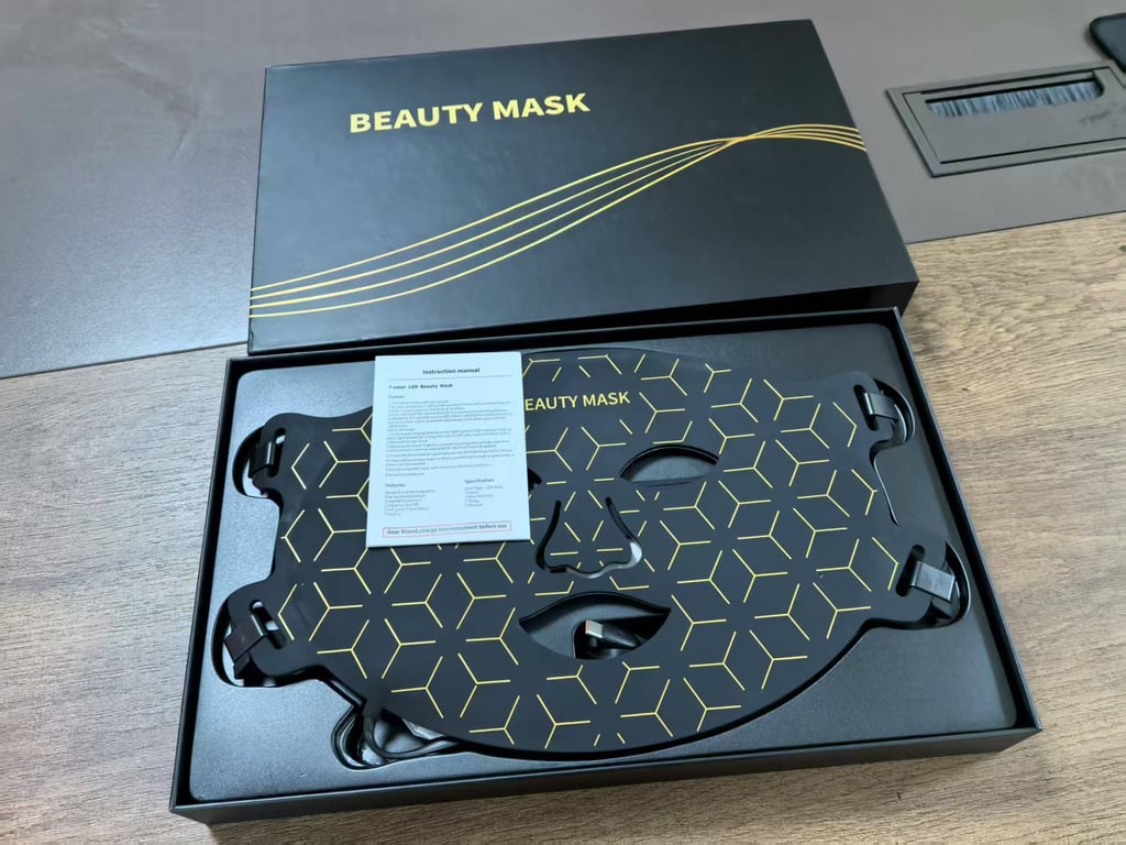 LED facial mask with controller showing five intensity levels and timer
