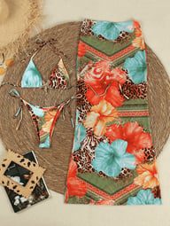 European And American-style Floral-print Triangle-bra Sexy Quick-drying Cover-up Maxi Dress Bikini Three-piece Set — view 10