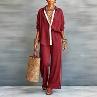 Women's contrast-color casual two-piece set with loose-fit pants and button-down shirt
