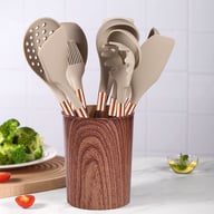 Complete 12-piece silicone kitchen utensil set with wood-grain handles
