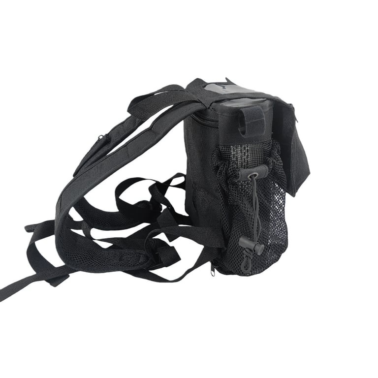 Close-up of black portable oxygen concentrator backpack showing compartments