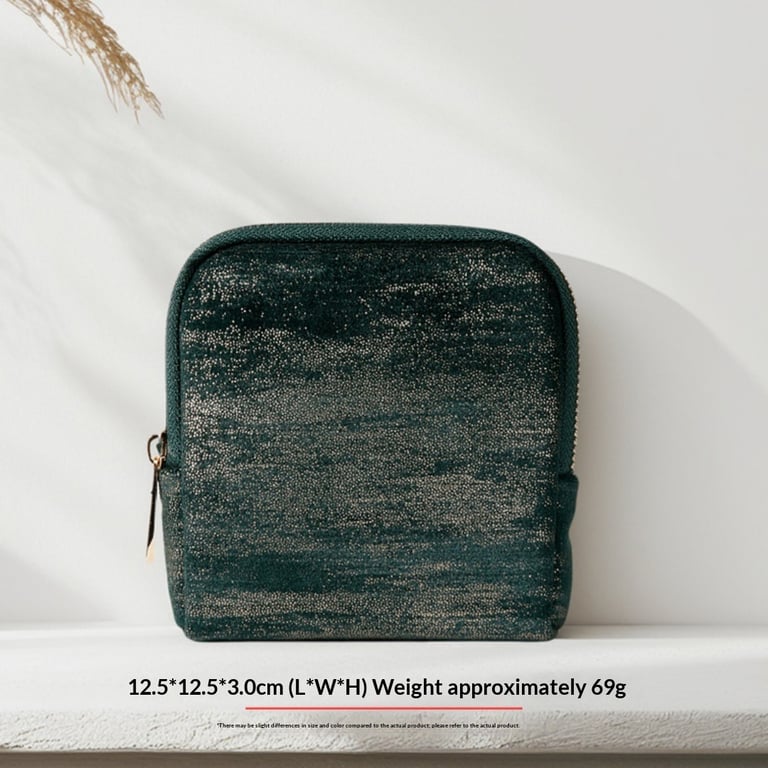 Close-up of velvet cosmetic bag zipper and tassel detail showing quality construction