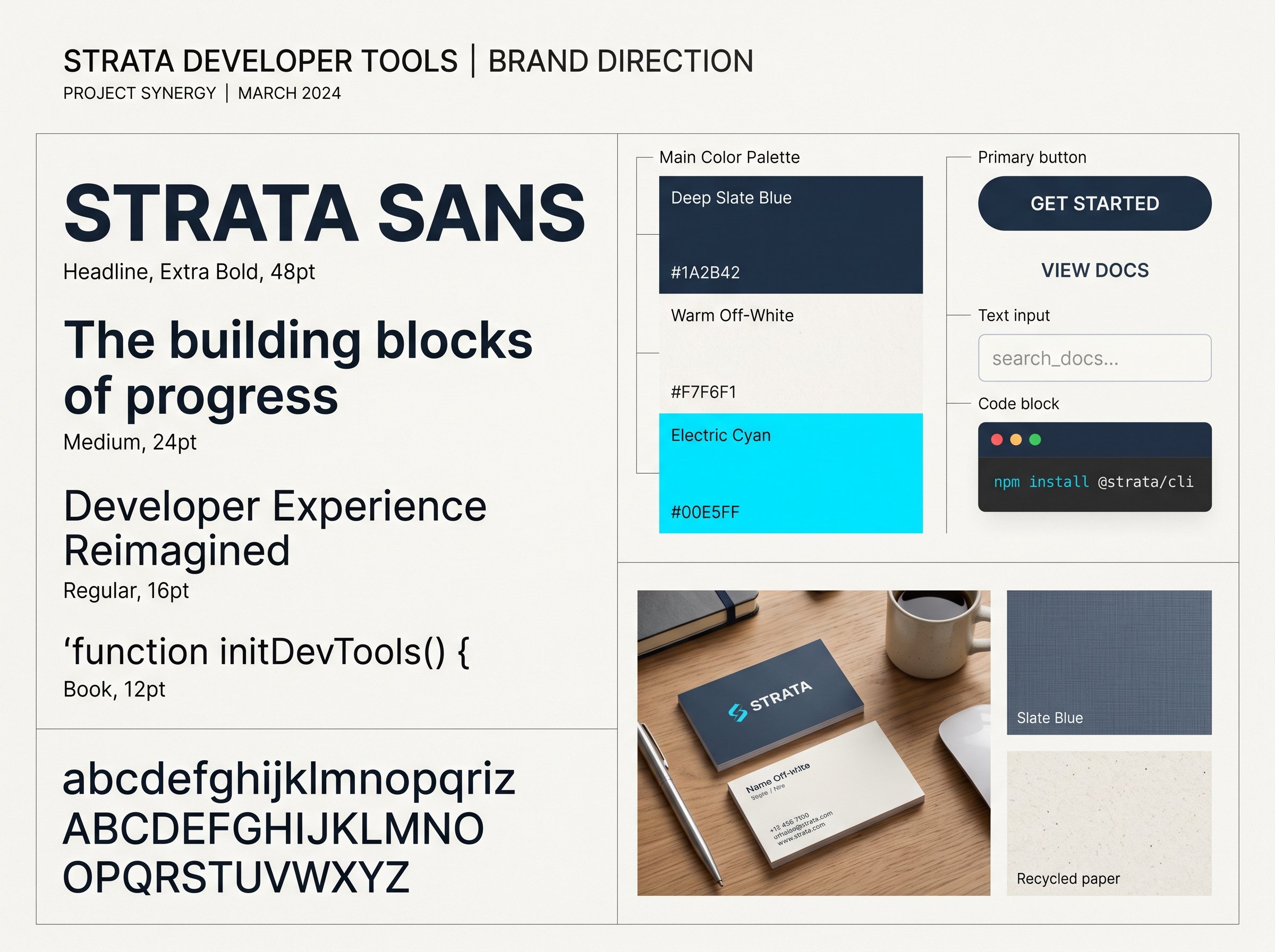 Brand-direction moodboard collage for a developer-tools startup showing typography, color palette, and UI component swatches