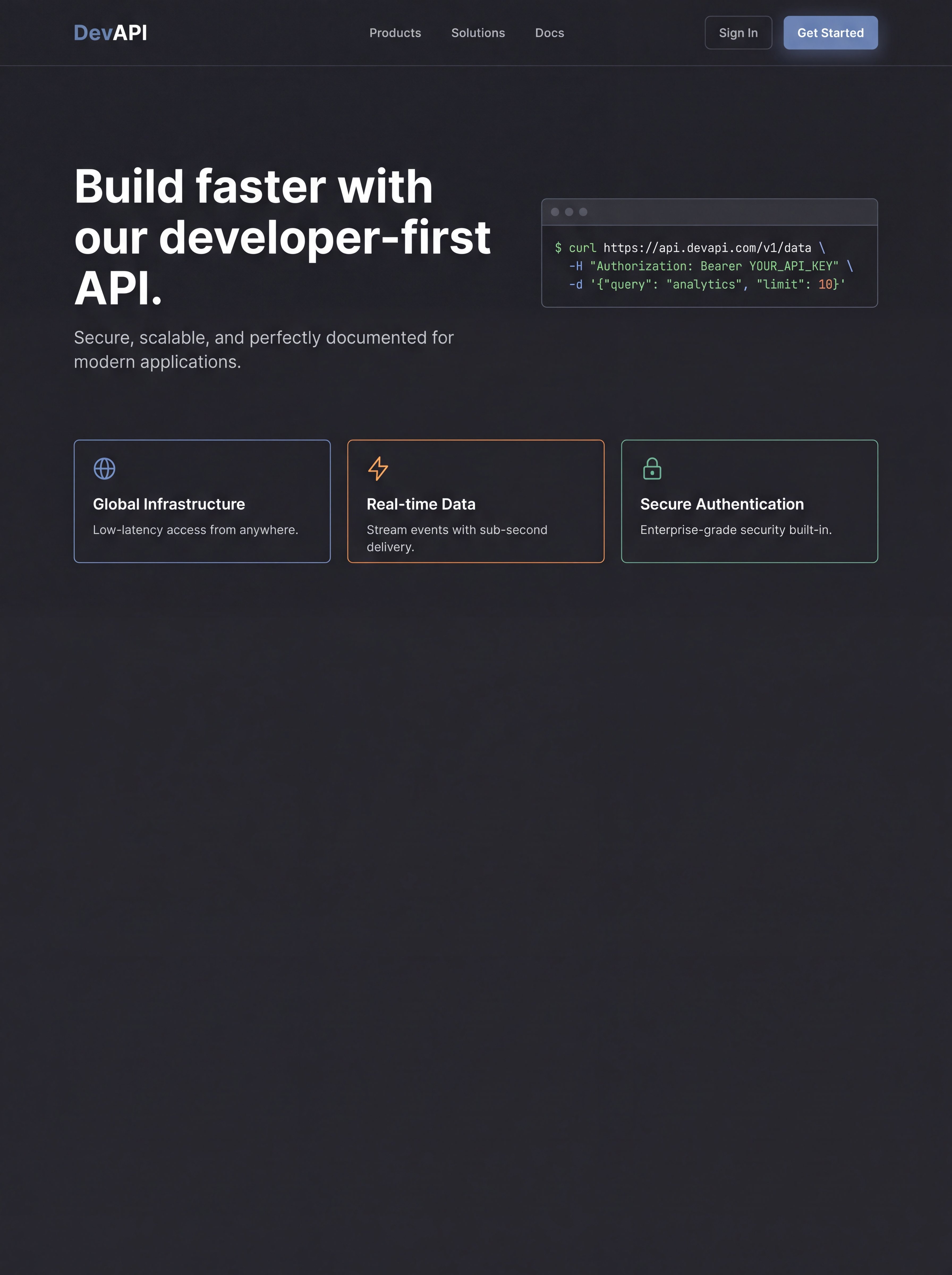 High-fidelity dark-themed landing page mockup for a developer API product, styled in the manner of Stripe or Vercel