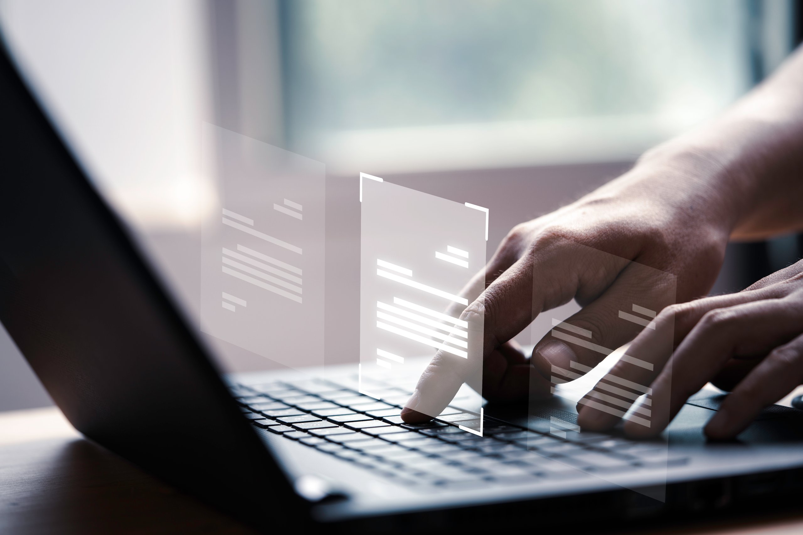 hand using laptop computer with virtual screen document online approve paperless quality assurance erp management concept scaled