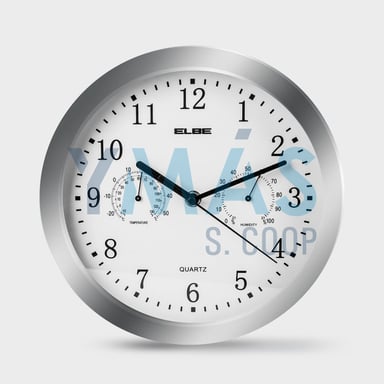 RELOJ CON MEDIDOR TEMPERATURA Y HUMEDAD PLATA 25CM