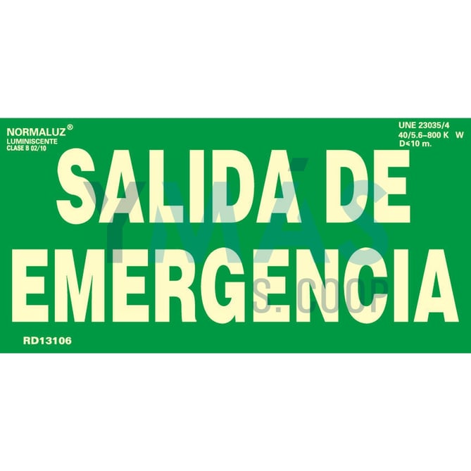 SEÑAL PVC SALIDA EMERGENCIA LUMINISCENTE 30X15CM