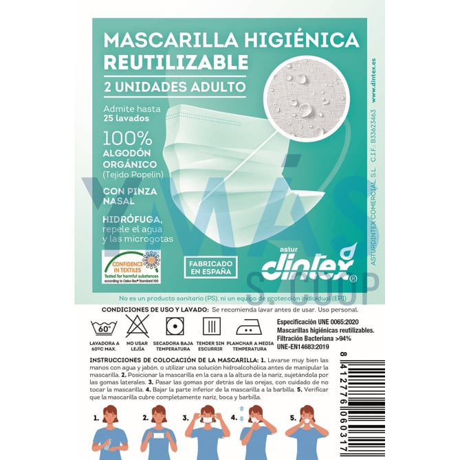 MASCARILLA HIGIENICA REUTILIZABLE CON PINZA 2 UD