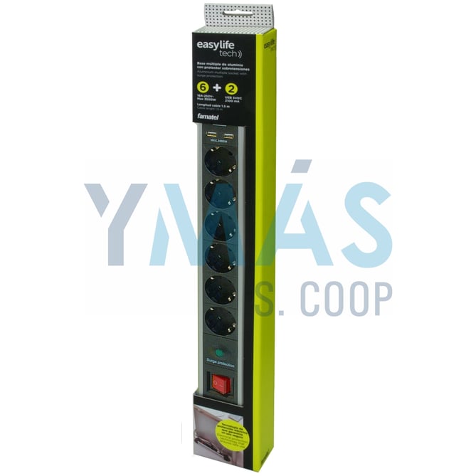 BASE MULTIPLE 6TOMAS 1.5M +2USB PROTEC.SOBRETENSIO