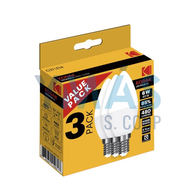 LAMPARA LED VELA E14 6W CALIDA PACK 3 UND KODAK