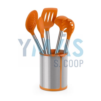 BOTE + UTENSILIOS NYLON NARANJA Y ACERO INOX