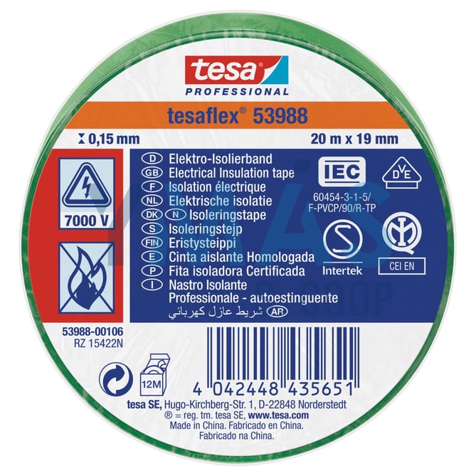 CINTA AISLANTE TESAFLEX 19MM X 20M VERDE