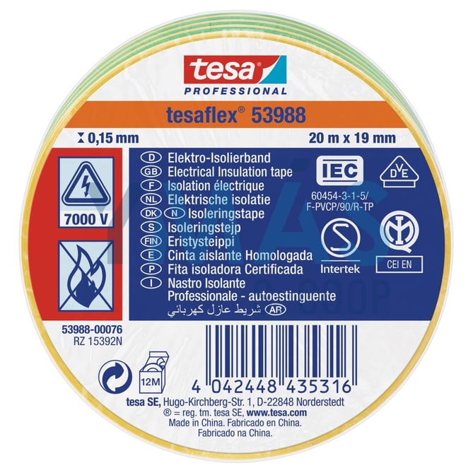 CINTA AISLANTE TESAFLEX 19MM X 20M VERDE AMARILLA