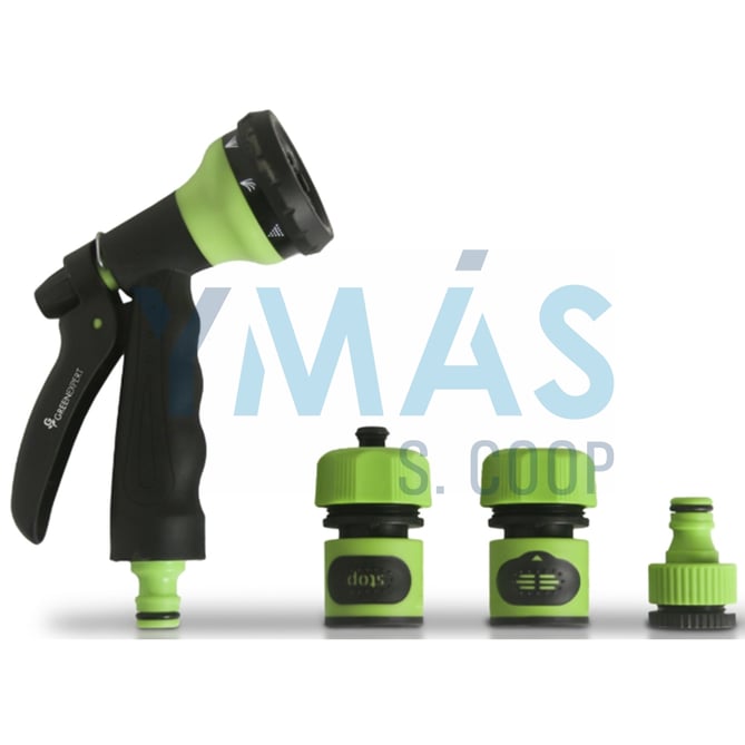 PISTOLA RIEGO 8 FUNCIONES + CONECTORES 15MM GREEN