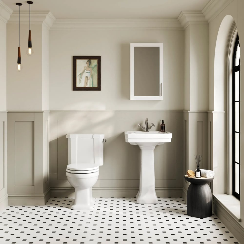 Photorealistic bathroom interior white toilet pedestal sink black and white flooring arched window lighting fixture artwork lines minimalist design