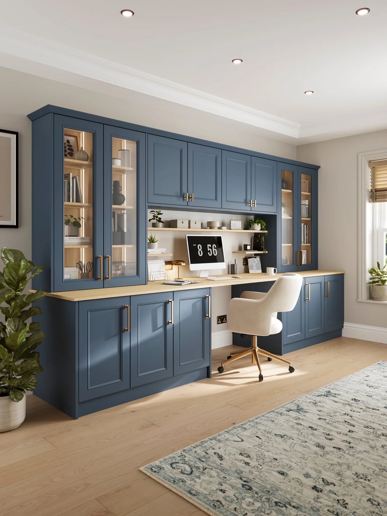 blue shaker home office desk unit oak top luxury 3d render