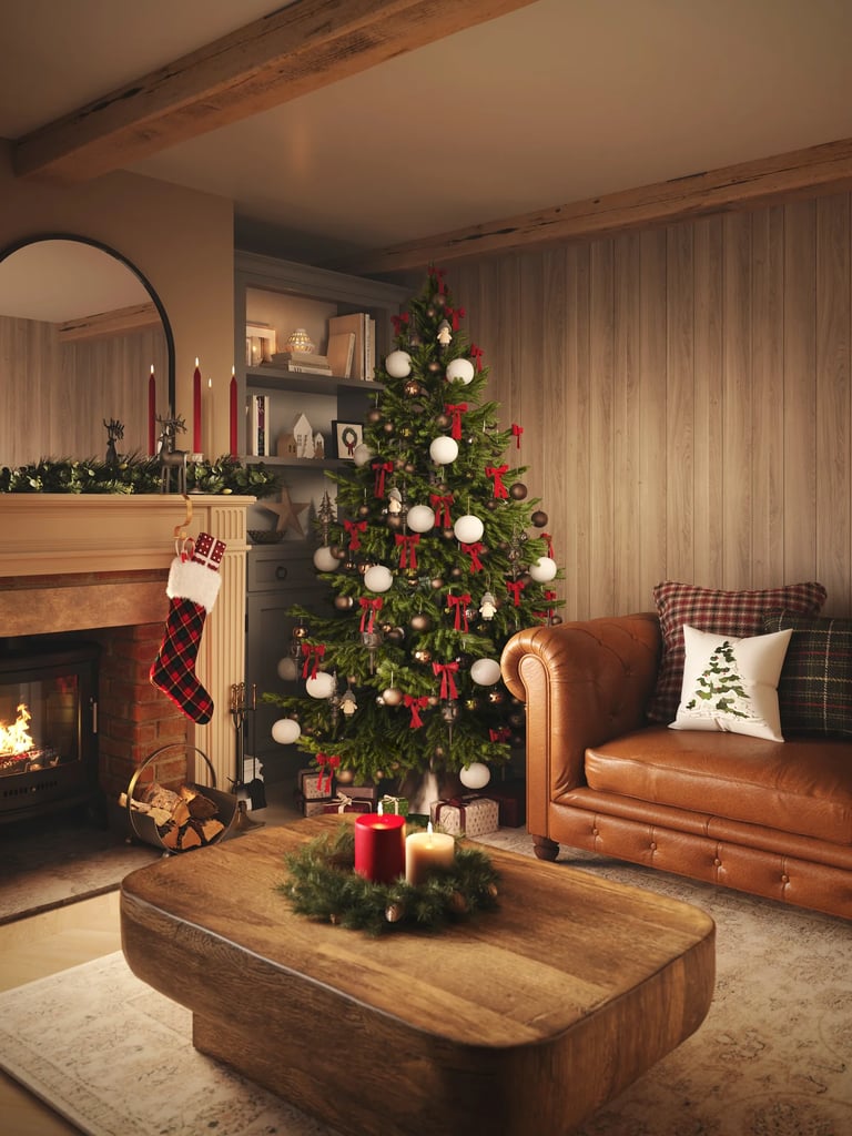 christmas living room oak coffee table red candles 3d render