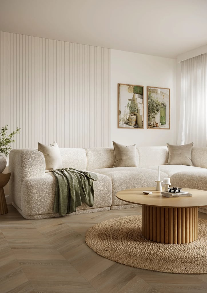 modern beige boucle l shaped sofa oak coffee table 3d render