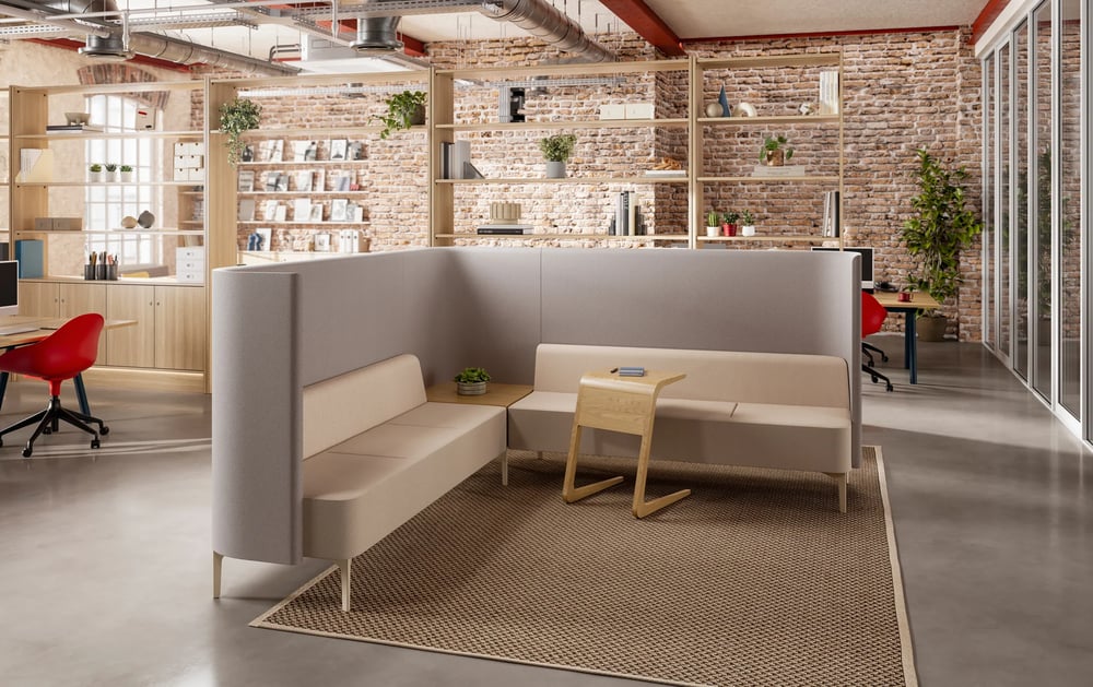 modern beige upholstered lounge seating area office interior 3d render