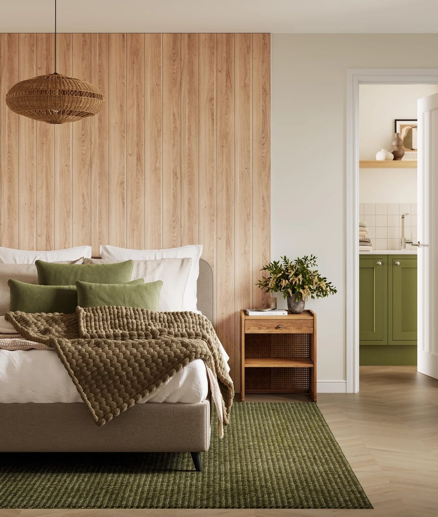 modern green bedroom oak wall panel upholstered sofa 3d render