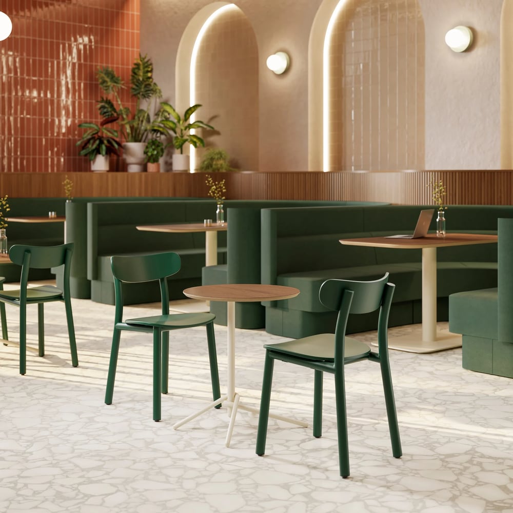 modern green leather chairs and tables cafe interior 3d render