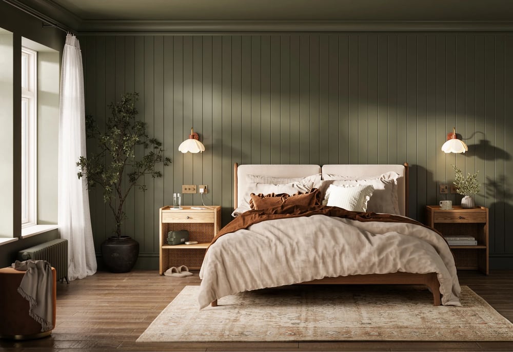 modern green upholstered bed oak nightstands luxury bedroom 3d render