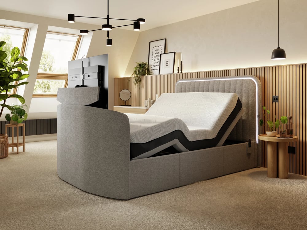 modern grey upholstered adjustable bed luxury bedroom 3d render