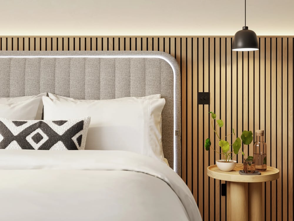 modern grey upholstered bed headboard oak slats luxury 3d render