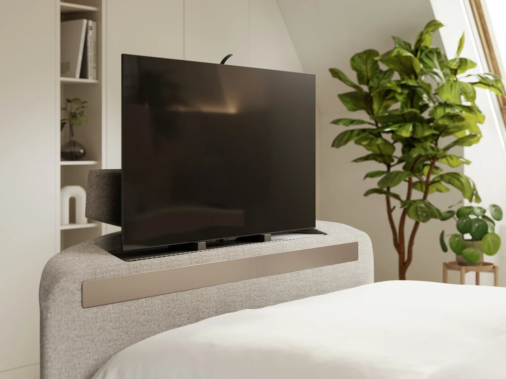modern grey upholstered bed headboard with tv 3d render