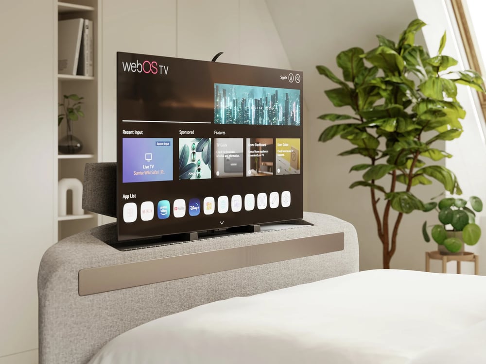 modern grey upholstered bed with integrated tv headrest 3d render