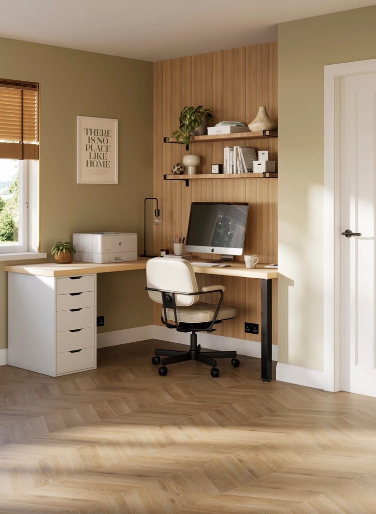 modern home office desk oak white upholstered chair herringbone floor 3d render