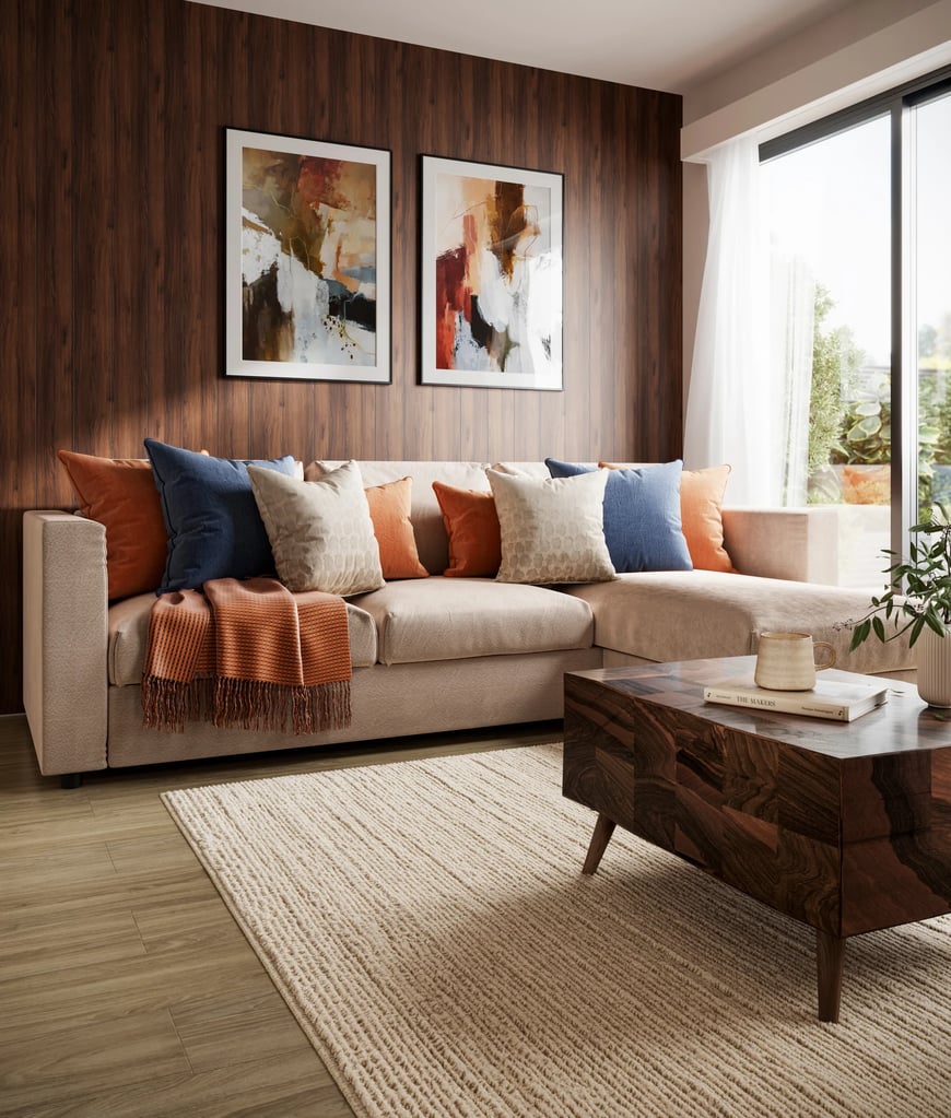 modern l shaped beige couch with orange pillows and blanket 3d furniture render