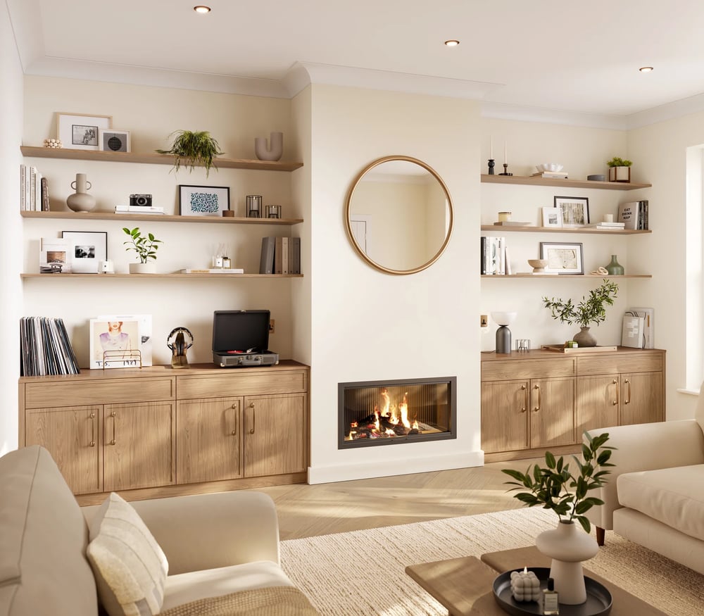 modern living room oak cabinets fireplace set 3d render