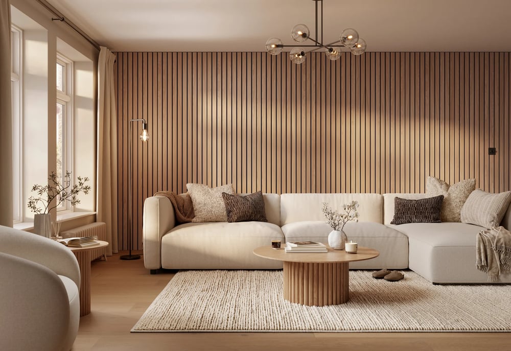 modern luxury beige upholstered sofa oak finish 3d render