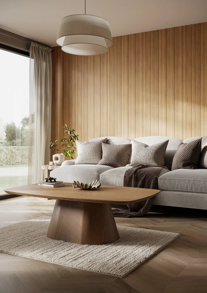 modern luxury grey upholstered sofa oak coffee table 3d render