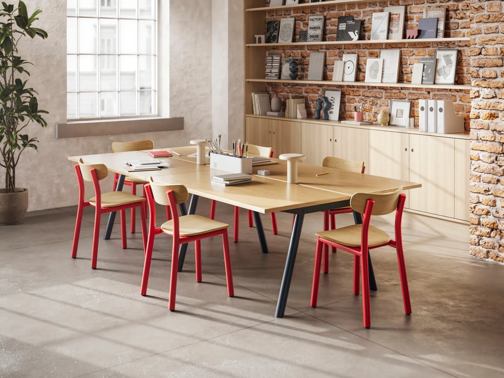 modern oak dining table red chairs office room 3d render