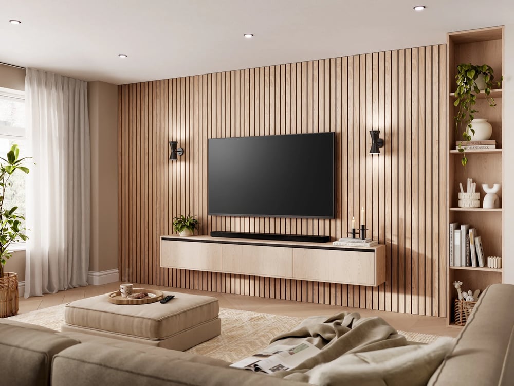 modern oak floating tv unit with plants living room 3d render