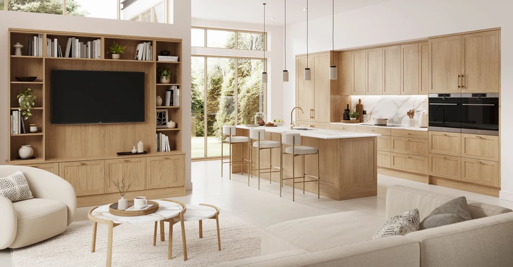 modern oak living room kitchen set 3d render