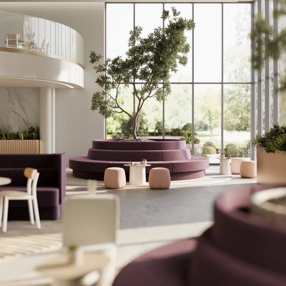 modern purple upholstered seating area lounge room 3d render