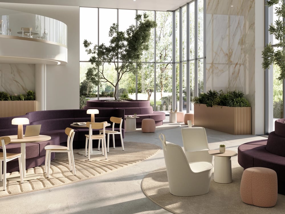 modern purple upholstered seating lounge area 3d render