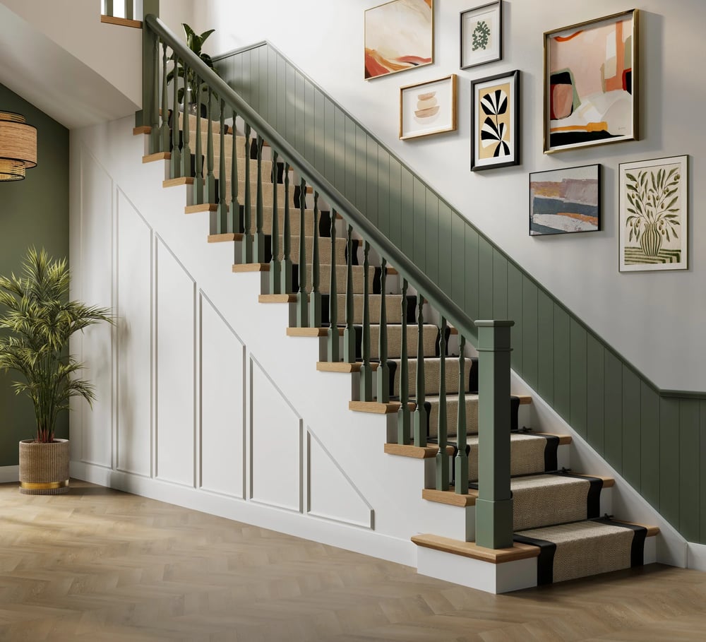 modern staircase rail oak green upholstered luxury 3d render