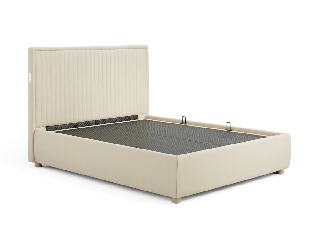 modern upholstered beam bed natural grey 3d render